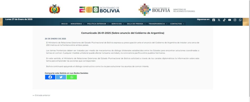 Bolivia responde con dureza al plan argentino de instalar un cerco fronterizo