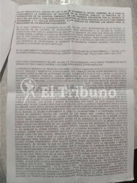 El caso de la japonesa que denunció a su ex, está bajo investigación de Trata de Personas