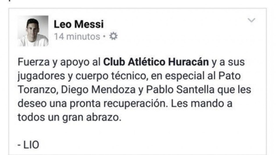 Messi expresó su apoyo al plantel de Huracán y a los lesionados