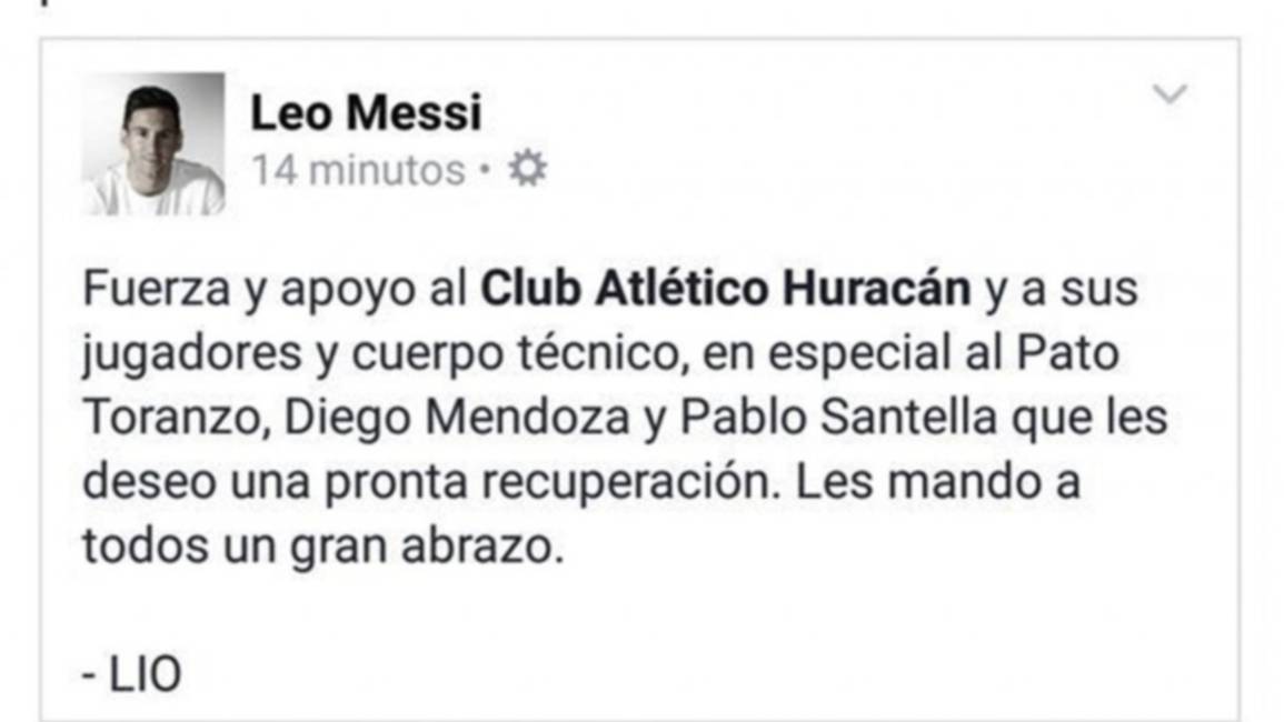 Messi expresó su apoyo al plantel de Huracán y a los lesionados