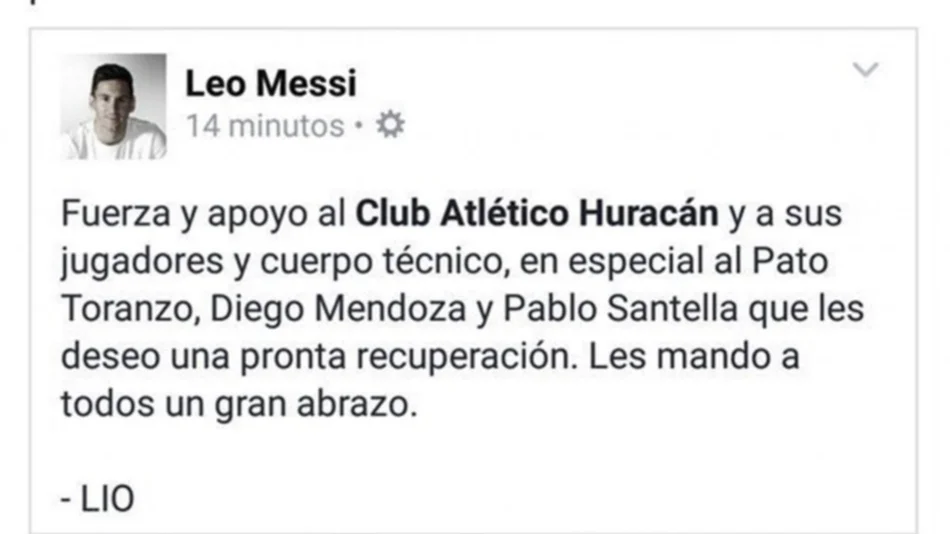 Messi expresó su apoyo al plantel de Huracán y a los lesionados