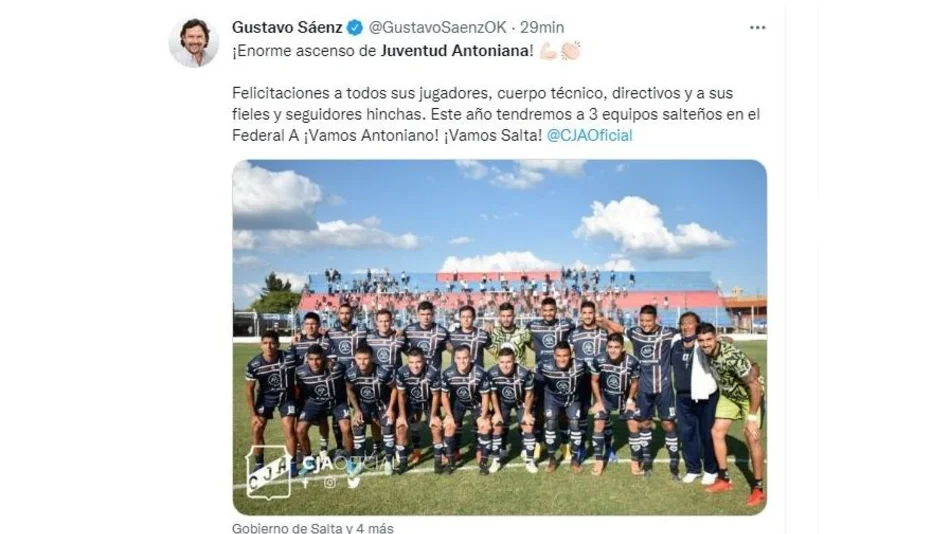 El Gobernador felicitó a Juventud Antoniana por el ascenso