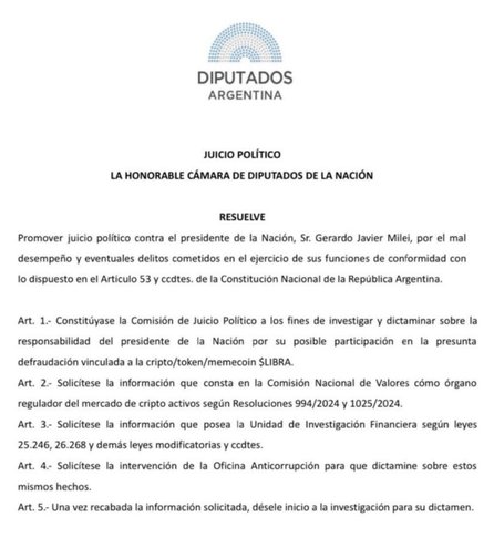 El bloque de Unión por la Patria en Diputados presentará un pedido de Juicio Político contra Milei