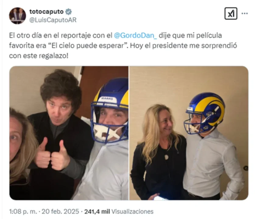 En medio del Criptogate $LIBRA, Javier Milei le compró el casco de su película favorita a Luis Caputo