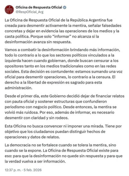 El Gobierno lanzó la "Oficina de Respuesta Oficial" para "desmentir operaciones"