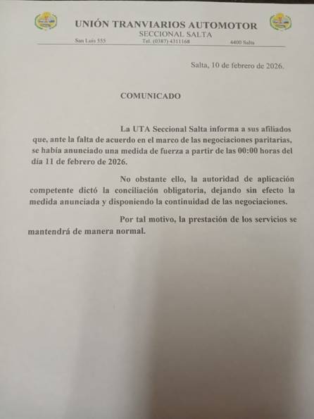 Hay conciliación y la UTA da marcha atrás con el paro anunciado para este miércoles