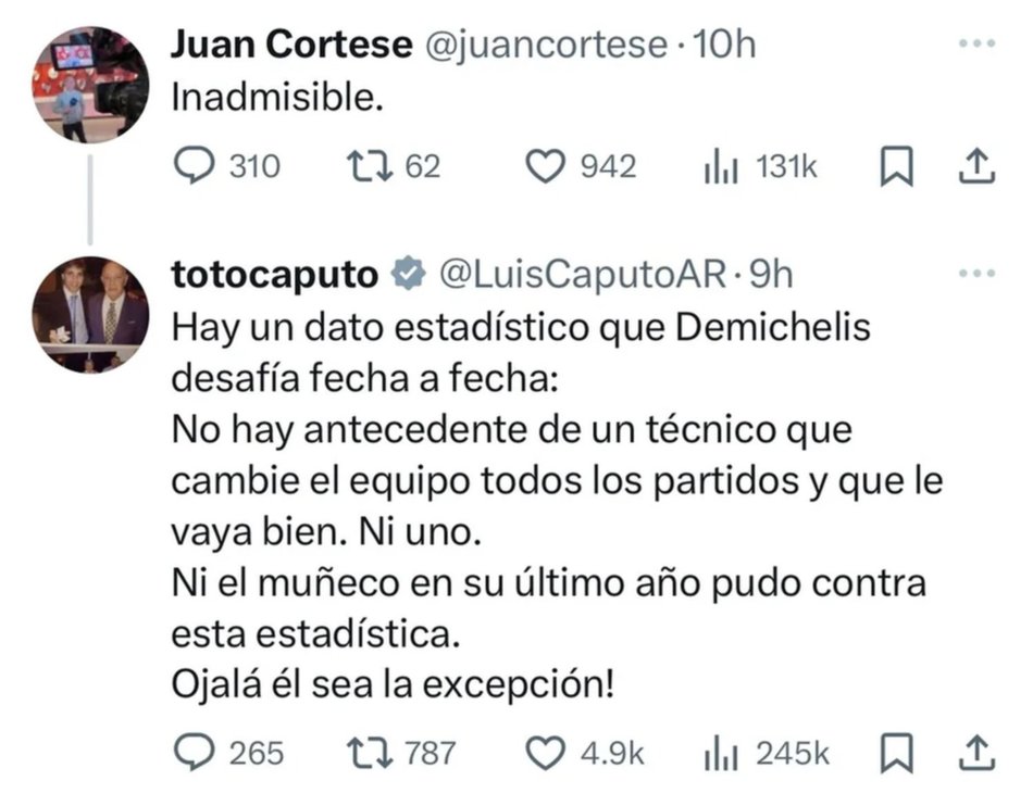 El fuerte tuit de Luis Caputo contra Martín Demichelis que tuvo que eliminar