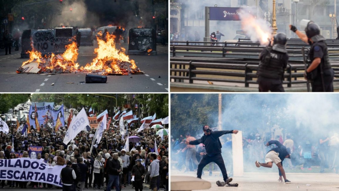 FOTOS. Las imágenes de una tarde de furia en la marcha de los jubilados con barras bravas y enfrentamientos