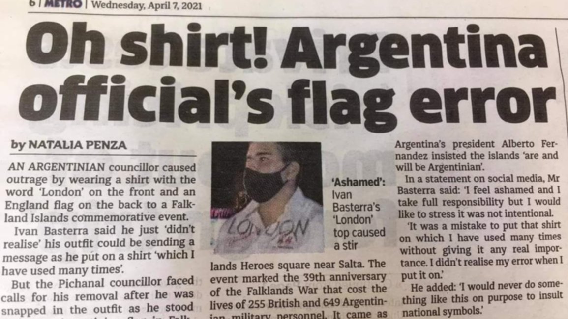 El “error” del concejal que usó una  camisa con la bandera inglesa en el acto de Malvinas llegó al Reino Unido