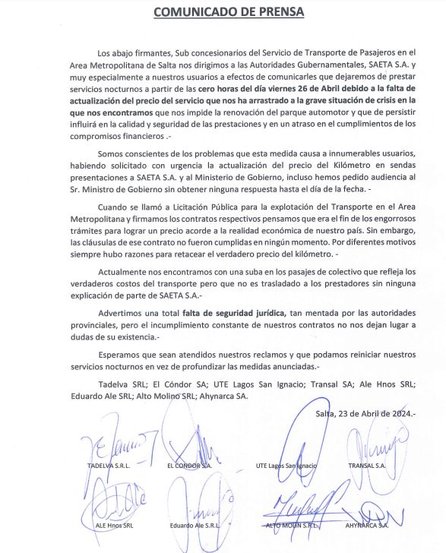 Anunciaron la suspensión del servicio nocturno de colectivos del área metropolitana de Salta a partir del viernes