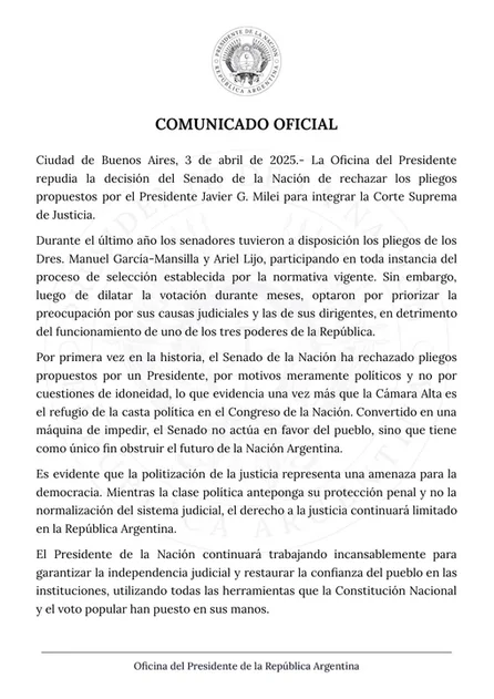 Corte Suprema: el Gobierno repudió el rechazo del Senado a los pliegos de Lijo y García Mansilla
