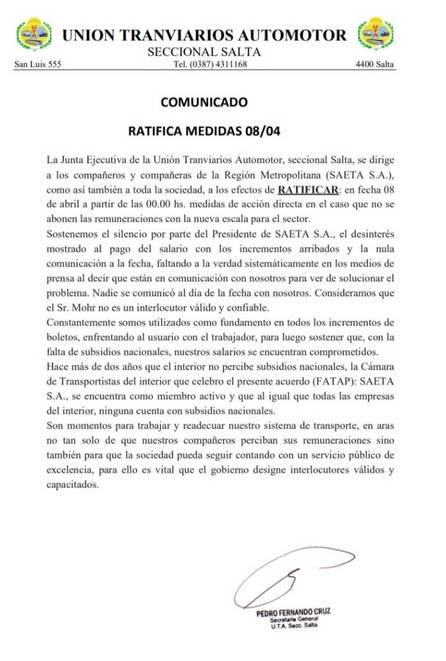 La UTA redobla la presión a Saeta y ratifica la amenaza de paro para el 8 de abril