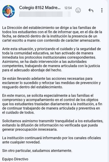 Apareció otro mensaje intimidatorio, esta vez en el Colegio Calcuta y crece la preocupación en las escuelas