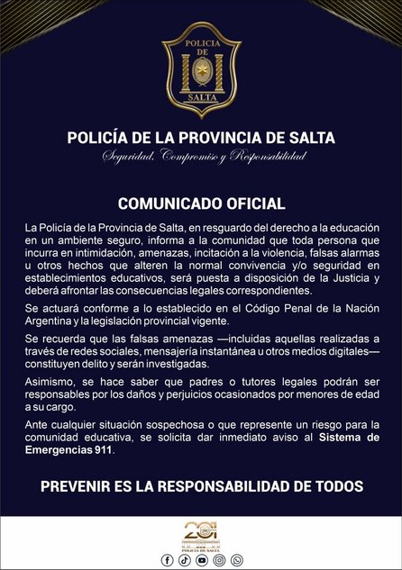 Amenazas en escuelas: la Policía advierte que son delito y habrá consecuencias legales