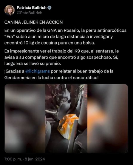 Una perra antinarcóticos encontró cocaína en un micro y un influencer la bautizó "Canina Jelinek"