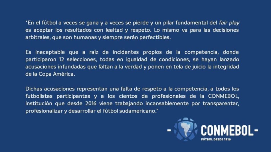 Para la Conmebol son inaceptables las acusaciones de Argentina: Aquí el comunicado