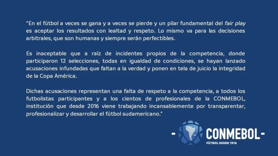 Para la Conmebol son inaceptables las acusaciones de Argentina: Aquí el comunicado