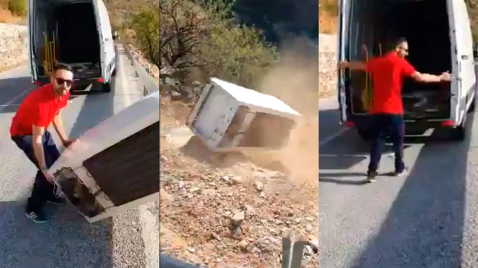 VIDEO Tiró una heladera por un barranco, lo echaron del trabajo y recibió una fuerte multa
