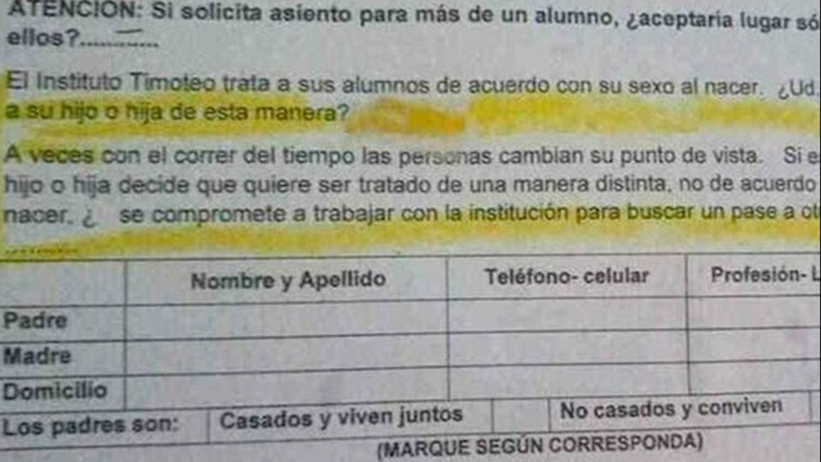 Un colegio de Salta retiró un polémico formulario de admisión de niños	