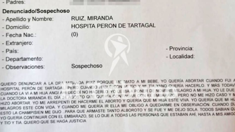Contundente: "La doctora Miranda Ruiz mató a mi bebé" 