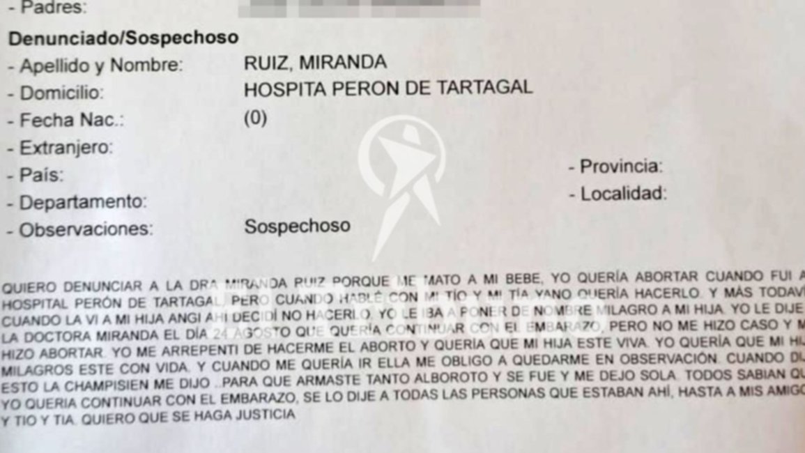 Contundente: "La doctora Miranda Ruiz mató a mi bebé" 