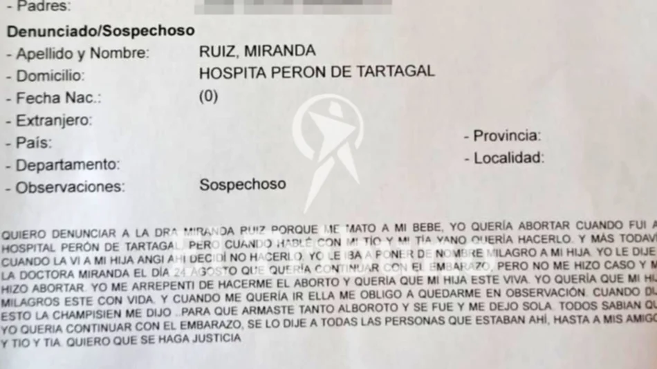 Contundente: "La doctora Miranda Ruiz mató a mi bebé" 