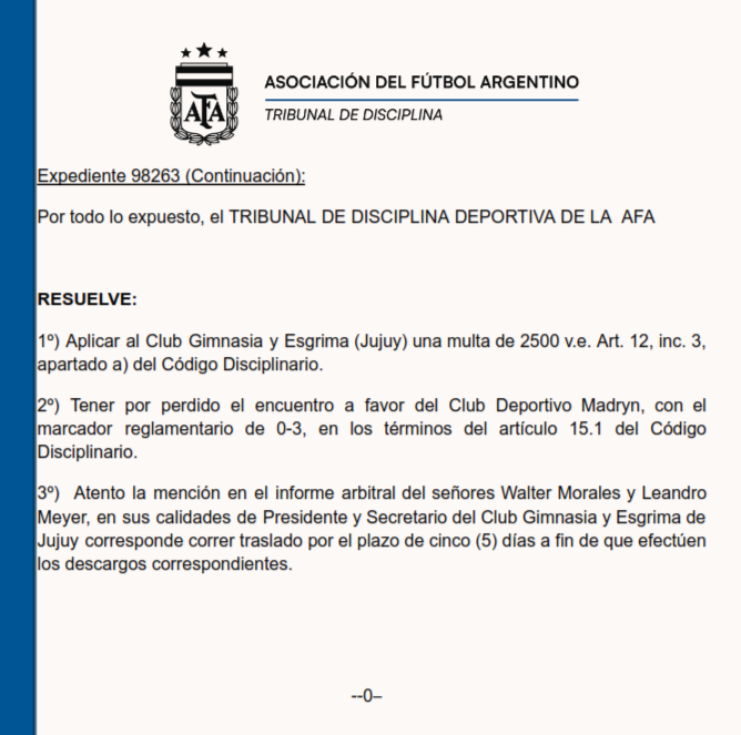 Le dieron por perdido el partido a Gimnasia 3-0
