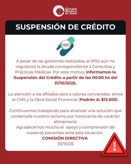 El Círculo Médico de Salta suspende el crédito al IPSS y desde este viernes los afiliados deberán abonar la consulta- El Círculo Médico de Salta suspende el crédito al IPSS y desde este viernes los afiliados deberán abonar la consulta