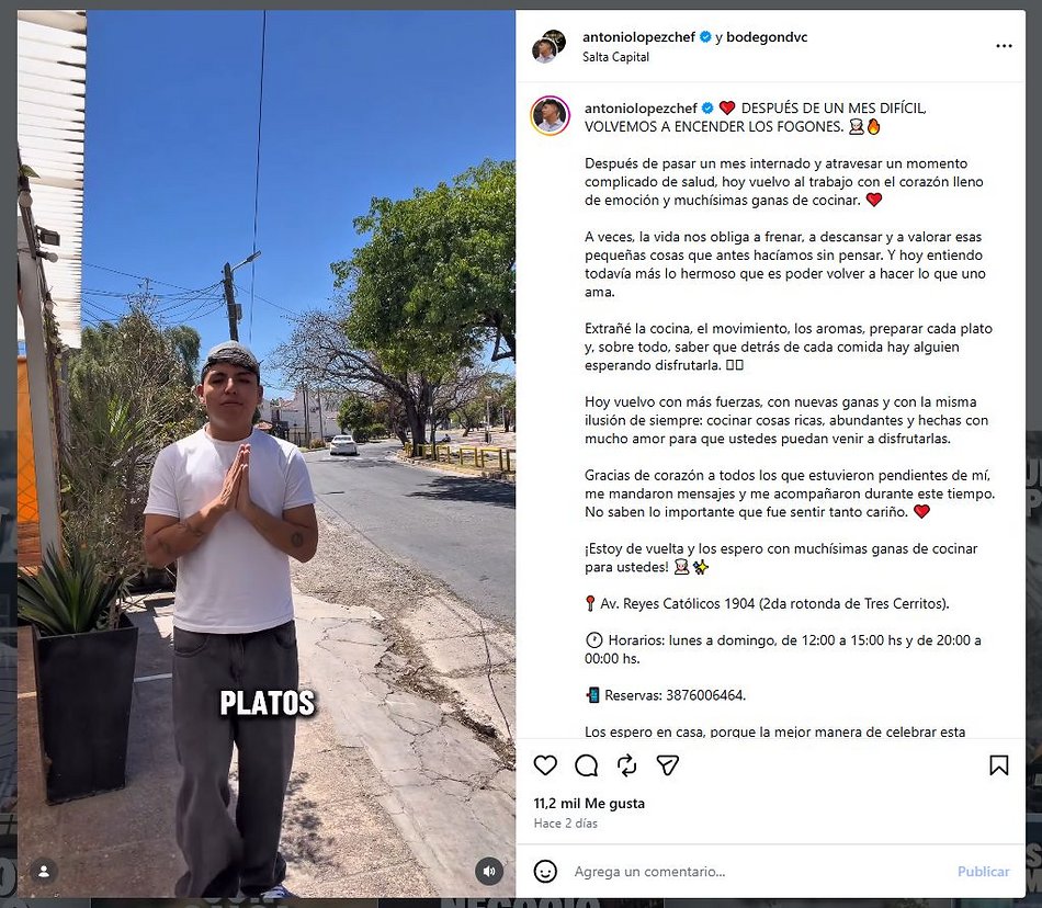 Antonio López, el salteño que pasó por MasterChef, reveló que estuvo al borde de la muerte y enfrenta una dura recuperación
