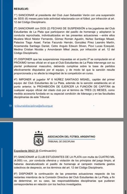 Duras sanciones de la AFA para Estudiantes de La Plata por el “pasillo de espaldas” a Rosario Central