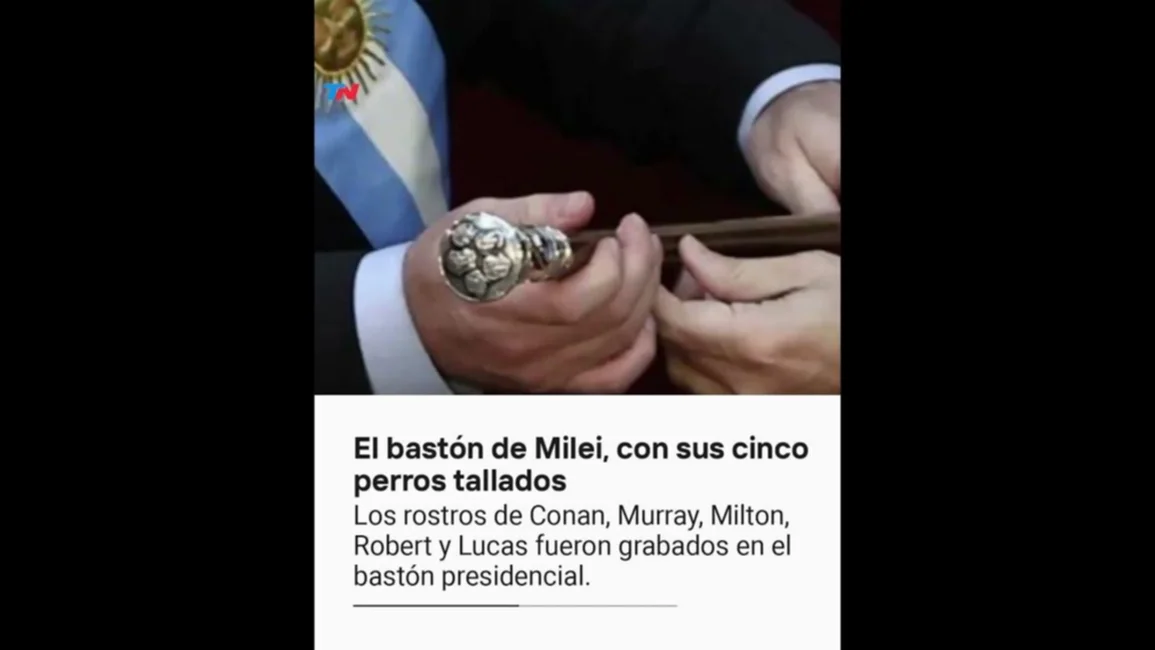 El detalle del bastón presidencial de Milei: sus cinco perros tallados
