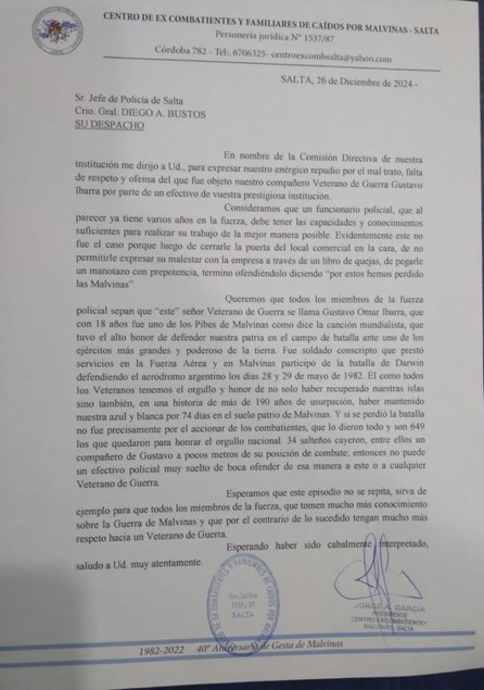 Un policía salteño, suspendido tras comentarios ofensivos a un veterano de Malvinas