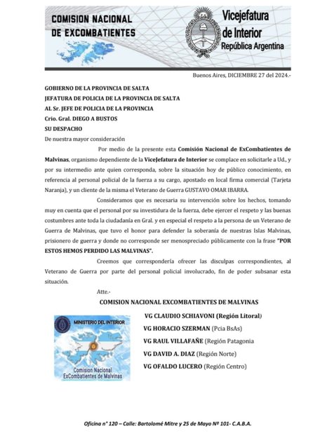 Un policía salteño, suspendido tras comentarios ofensivos a un veterano de Malvinas